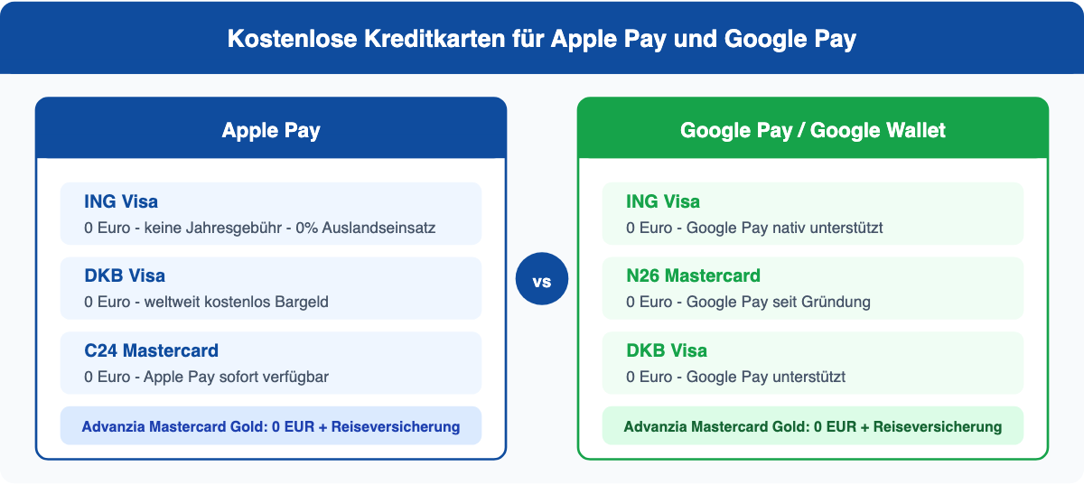Kostenlose Kreditkarten für Apple Pay und Google Pay im Vergleich