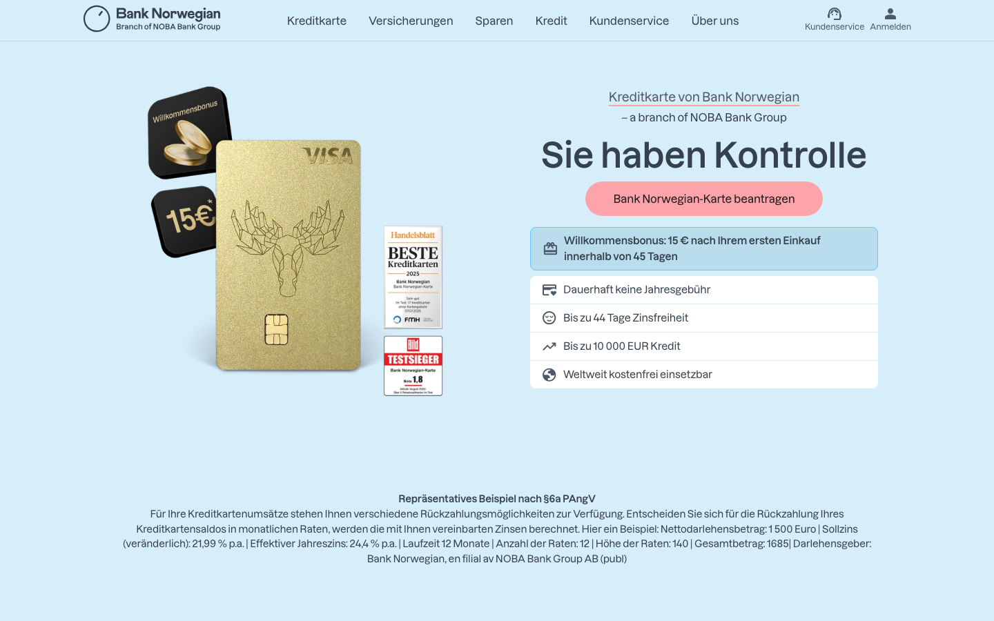 Startseite von banknorwegian.de mit Kreditkarten-Hero, Willkommensbonus und Konditionsübersicht.