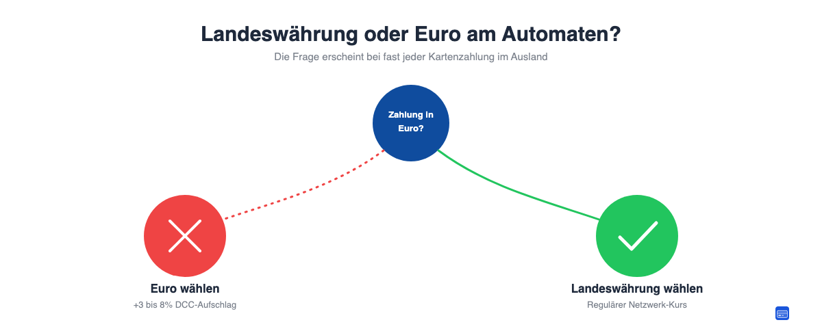 Entscheidungsgrafik zur Dynamic Currency Conversion: Bei der Frage Euro oder Landeswährung am Automaten immer die lokale Währung wählen, um den DCC-Aufschlag von 3 bis 8 Prozent zu vermeiden
