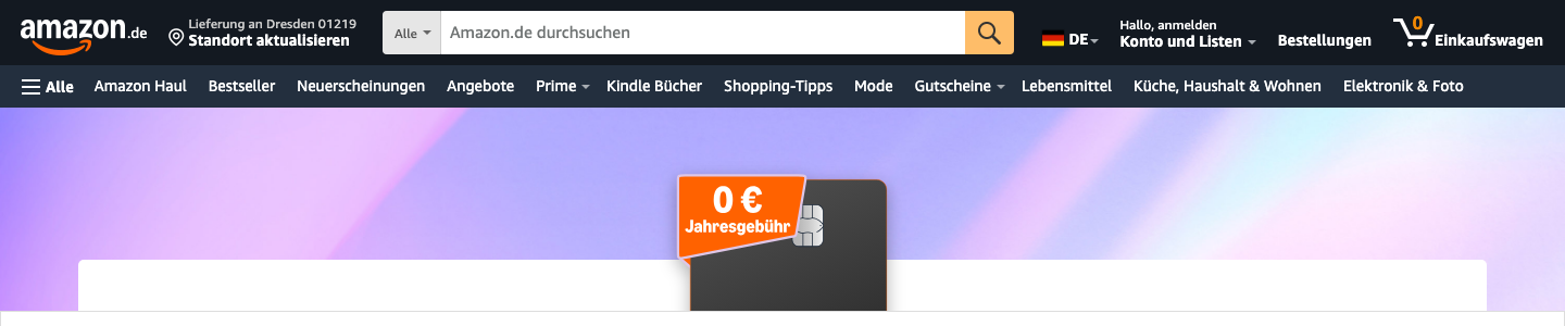 Amazon.de Produktseite der Amazon Visa Kreditkarte mit 0 Euro Jahresgebühr