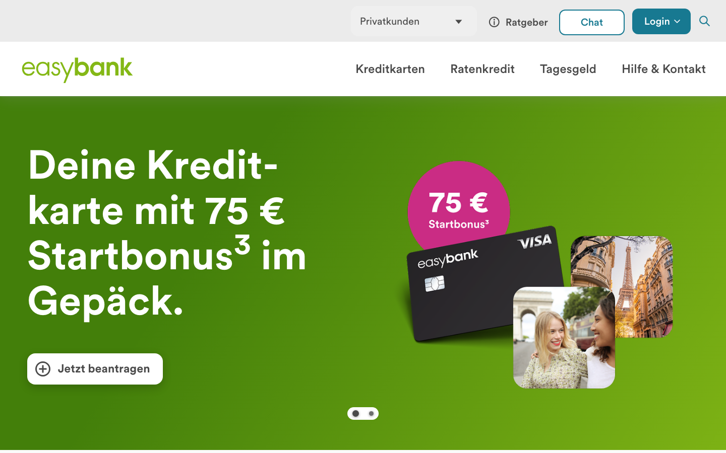 Startseite von easybank mit der aktuellen Kreditkarten-Kampagne
