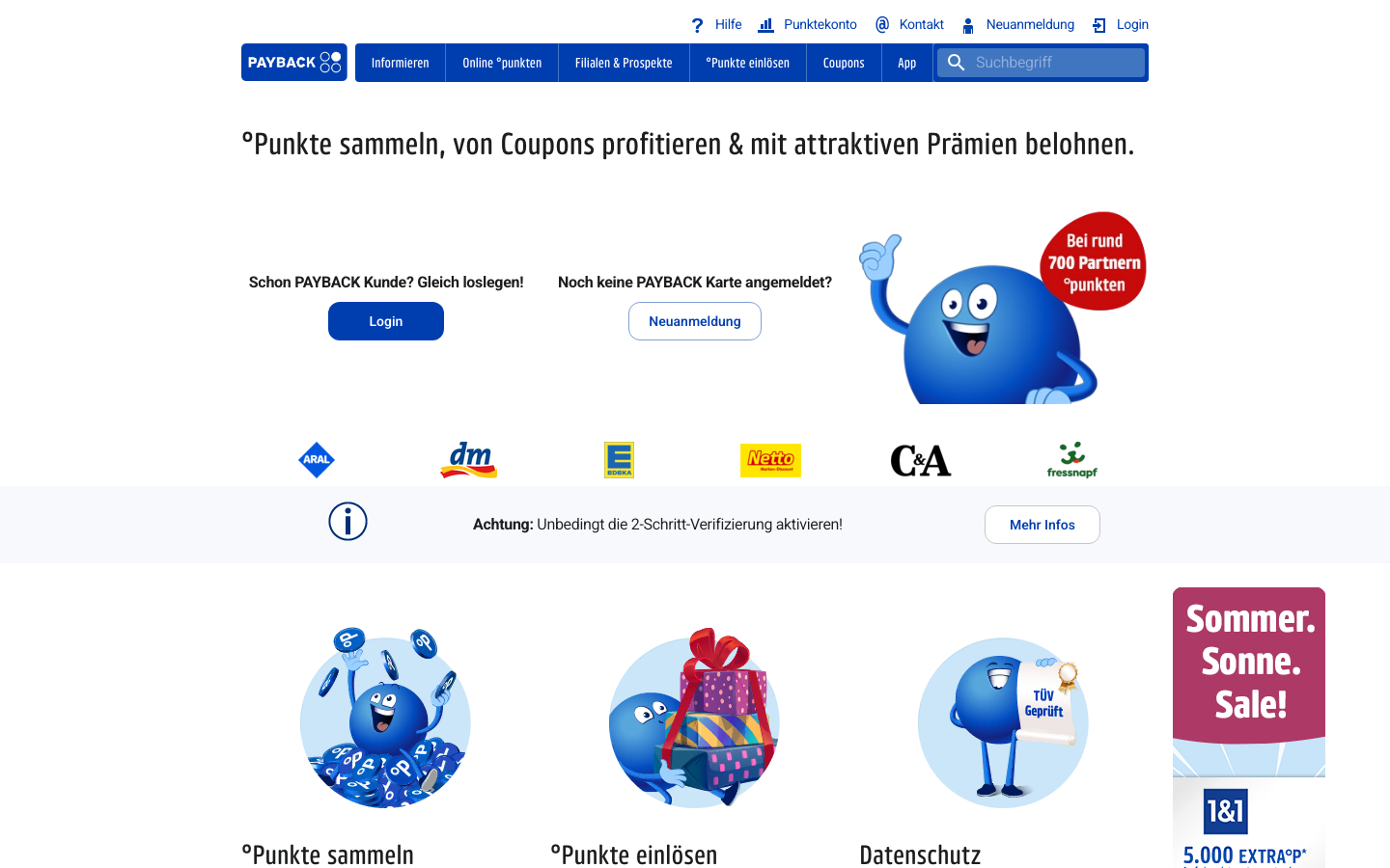 PAYBACK Startseite mit Partnern wie Aral, dm, Edeka und Netto