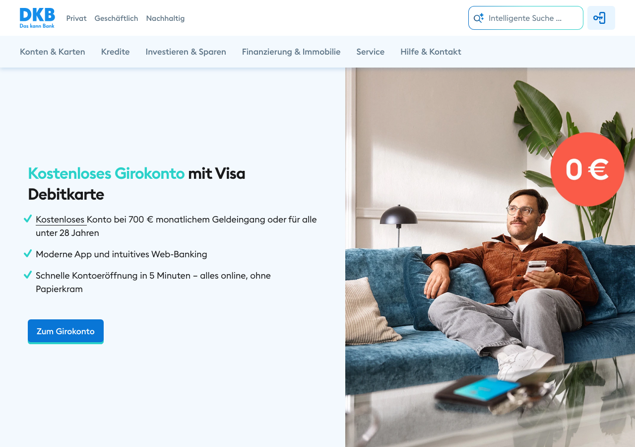 DKB Girokonto Startseite mit Visa Debitkarte