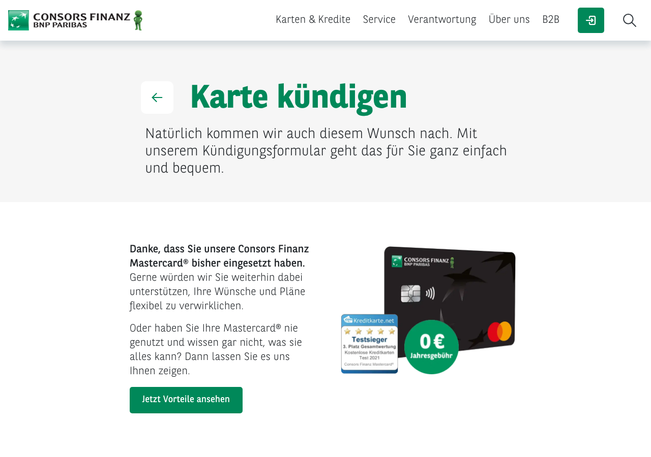 Consors Finanz Hilfe-Center – Karte kündigen Seite mit Link zum offiziellen Kündigungsformular