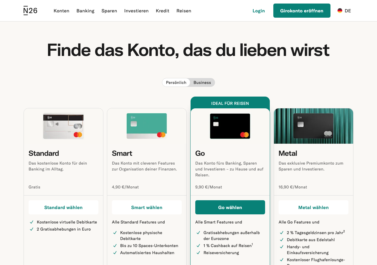 N26 Kontomodelle – Vergleich von Standard bis Metal Debitkarte