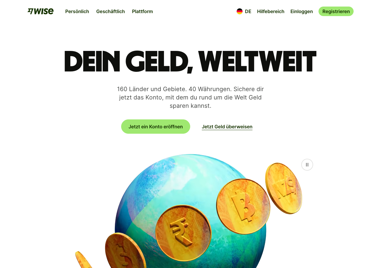 Wise Webseite – internationales Multiwaehrungs-Konto mit Visa Debitkarte