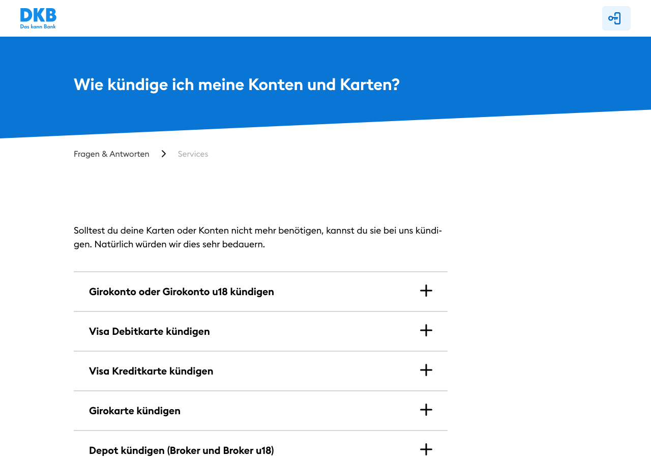 DKB FAQ-Seite: Wie kündige ich meine Konten und Karten?