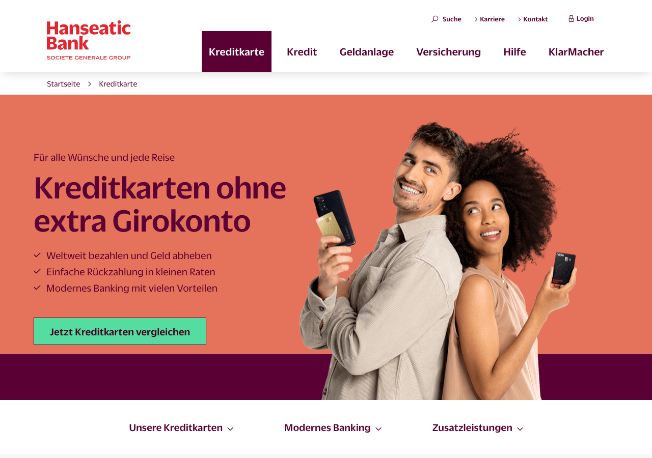 Hanseatic Bank Webseite – Kreditkarten ohne extra Girokonto, inklusive GoldCard