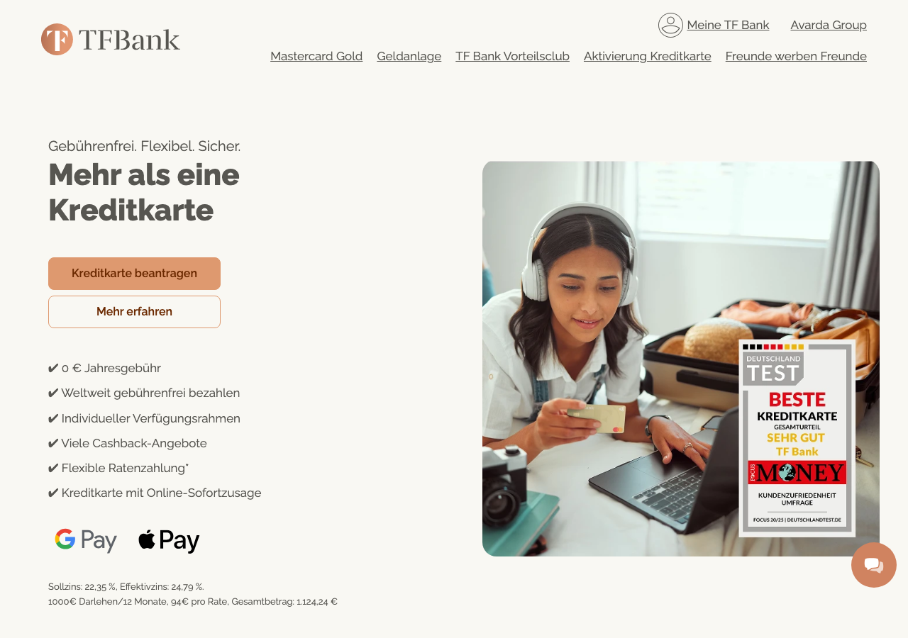 TF Bank Webseite – Anbieter der TF Mastercard Gold, einer der besten kostenlosen Kreditkarten 2026