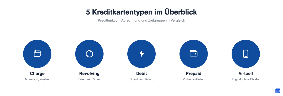 Übersicht der fünf Kreditkartentypen: Charge, Revolving, Debit, Prepaid und virtuelle Kreditkarte
