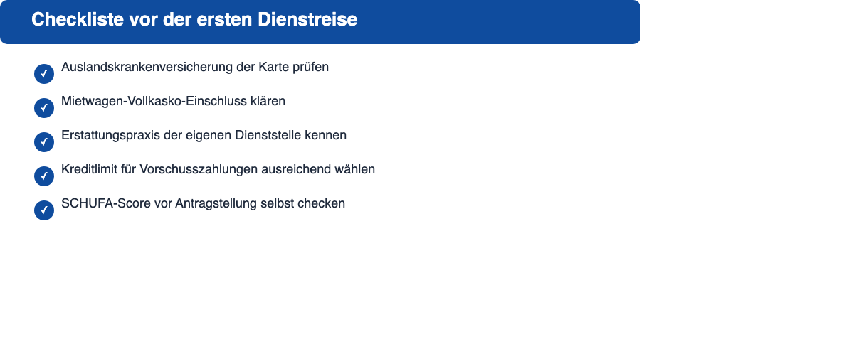 Checkliste für Beamte bei Dienstreisen: Auslandskrankenversicherung prüfen, Mietwagen-Vollkasko klären, Vorschuss und Erstattung der Dienststelle beachten