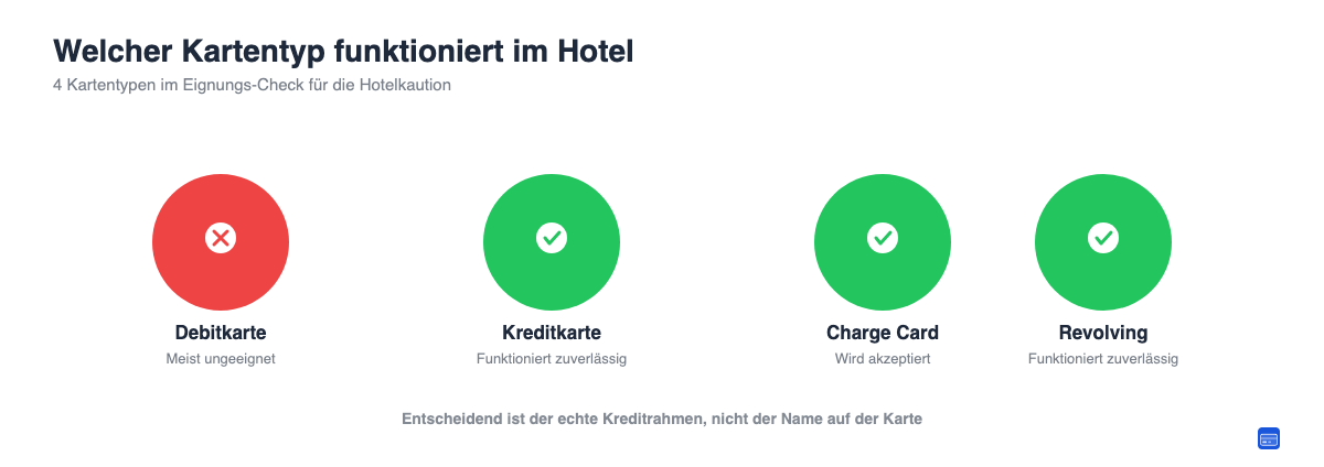 Vier Kreditkarten-Typen im Eignungscheck für Hotelbuchungen: Debitkarte ungeeignet, Kreditkarte, Charge Card und Revolving-Kreditkarte geeignet