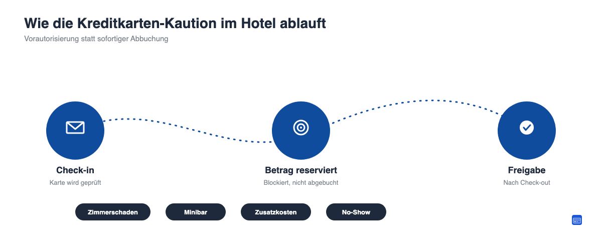 Ablauf der Kreditkarten-Kaution im Hotel: Check-in, Reservierung des Betrags, Freigabe nach Check-out