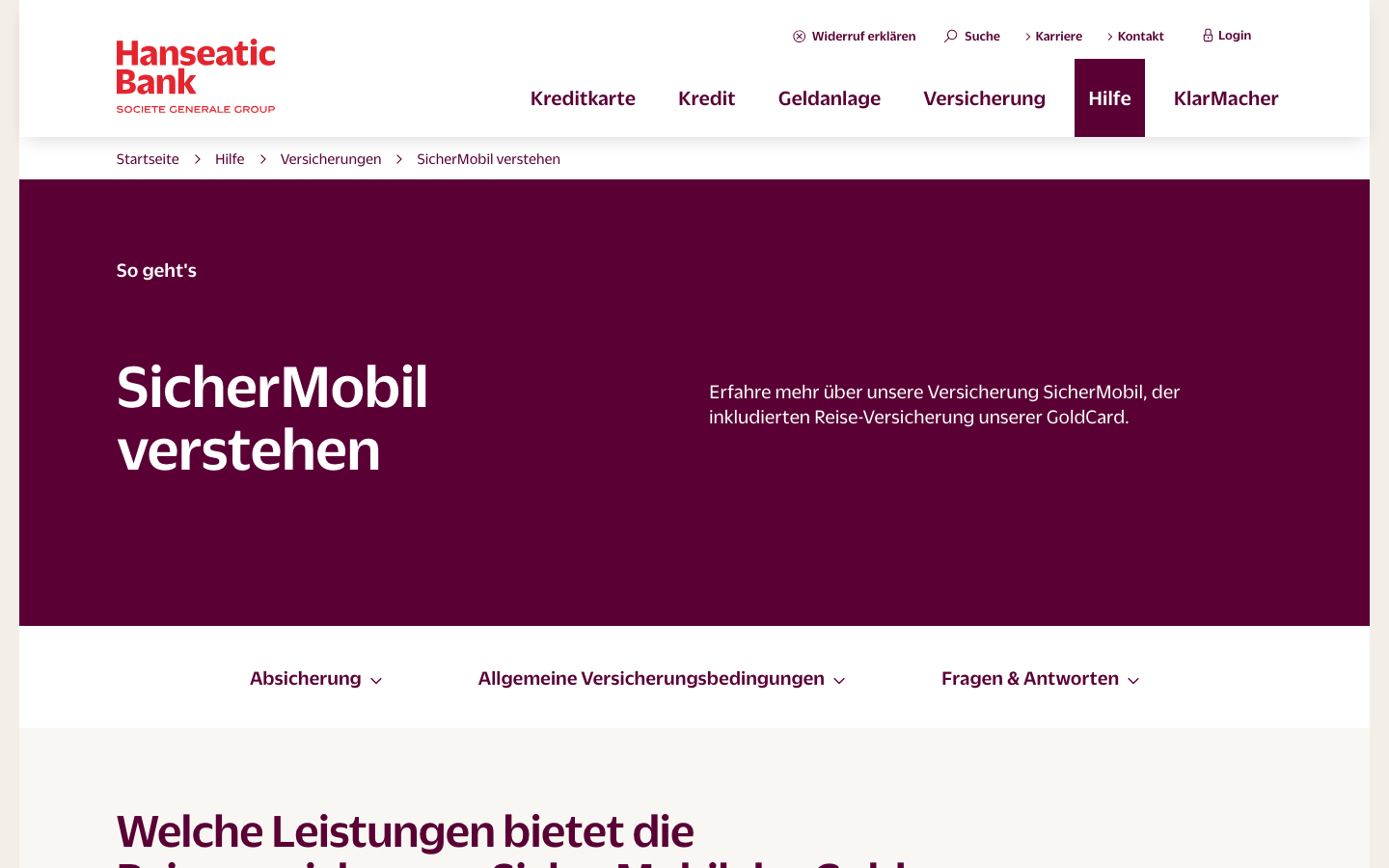 Hanseatic Bank Produktseite zum SicherMobil-Versicherungspaket der GoldCard mit Mietwagen-Vollkaskoschutz