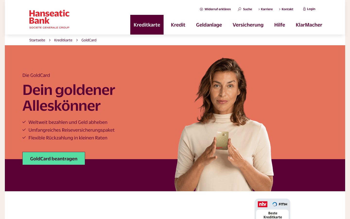 Startseite der Hanseatic Bank GoldCard mit Angaben zum SicherMobil-Reiseversicherungspaket