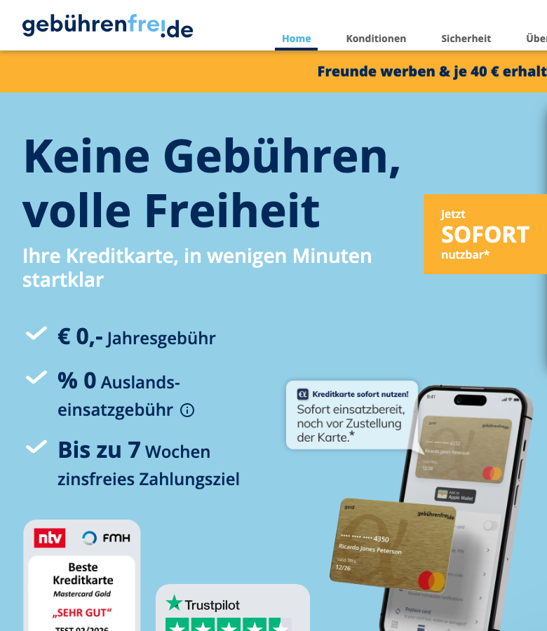 Startseite von gebuhrenfrei.de mit der Advanzia Mastercard Gold