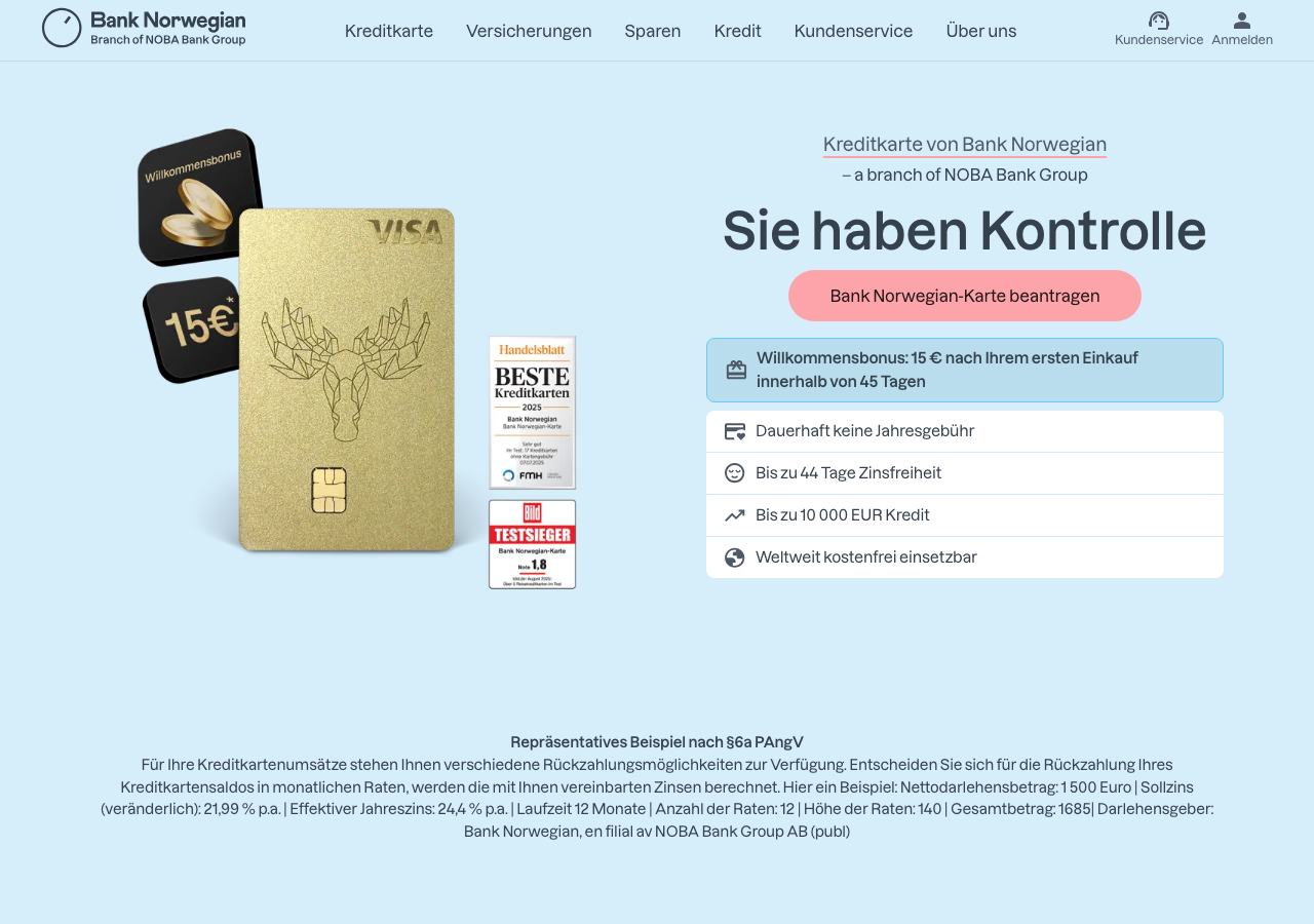 Startseite von Bank Norwegian mit Kreditkarten-Angebot