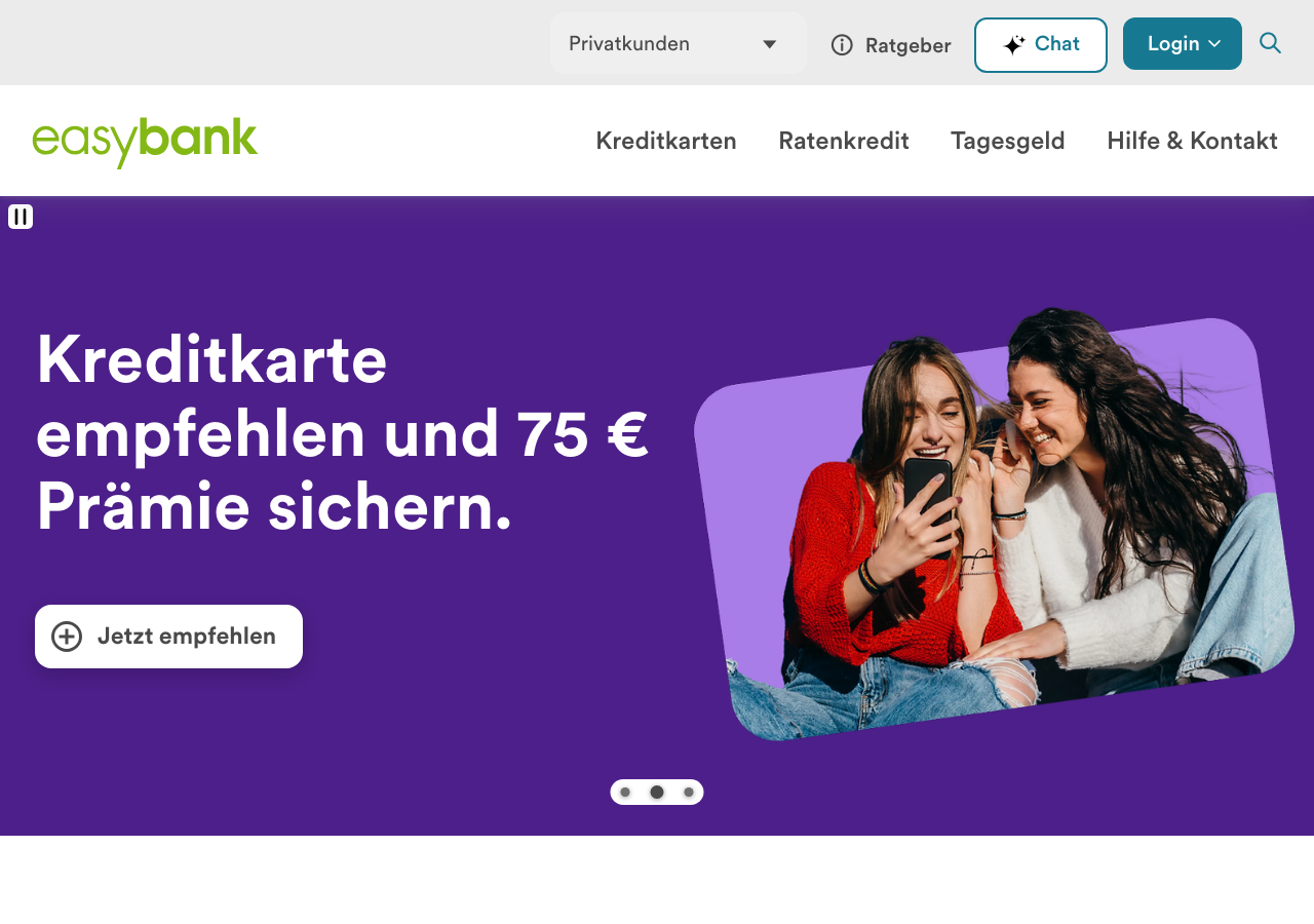 Startseite von easybank mit Kreditkarten-Angebot