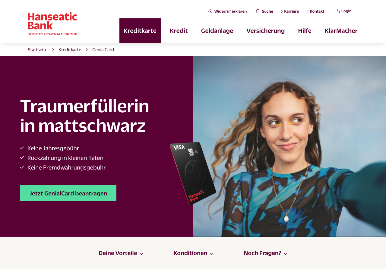 Produktseite der Hanseatic Bank GenialCard