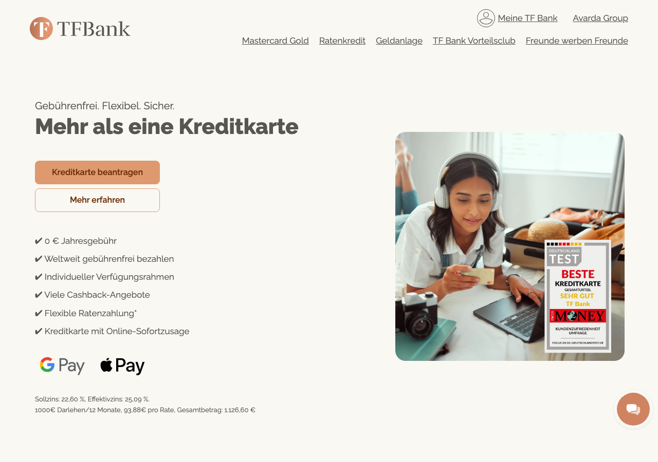 Startseite von TF Bank mit der Mastercard Gold