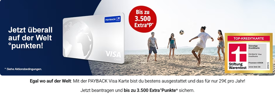 Screenshot der offiziellen PAYBACK Visa Infoseite mit Kartendesign und 29 Euro Jahresgebühr