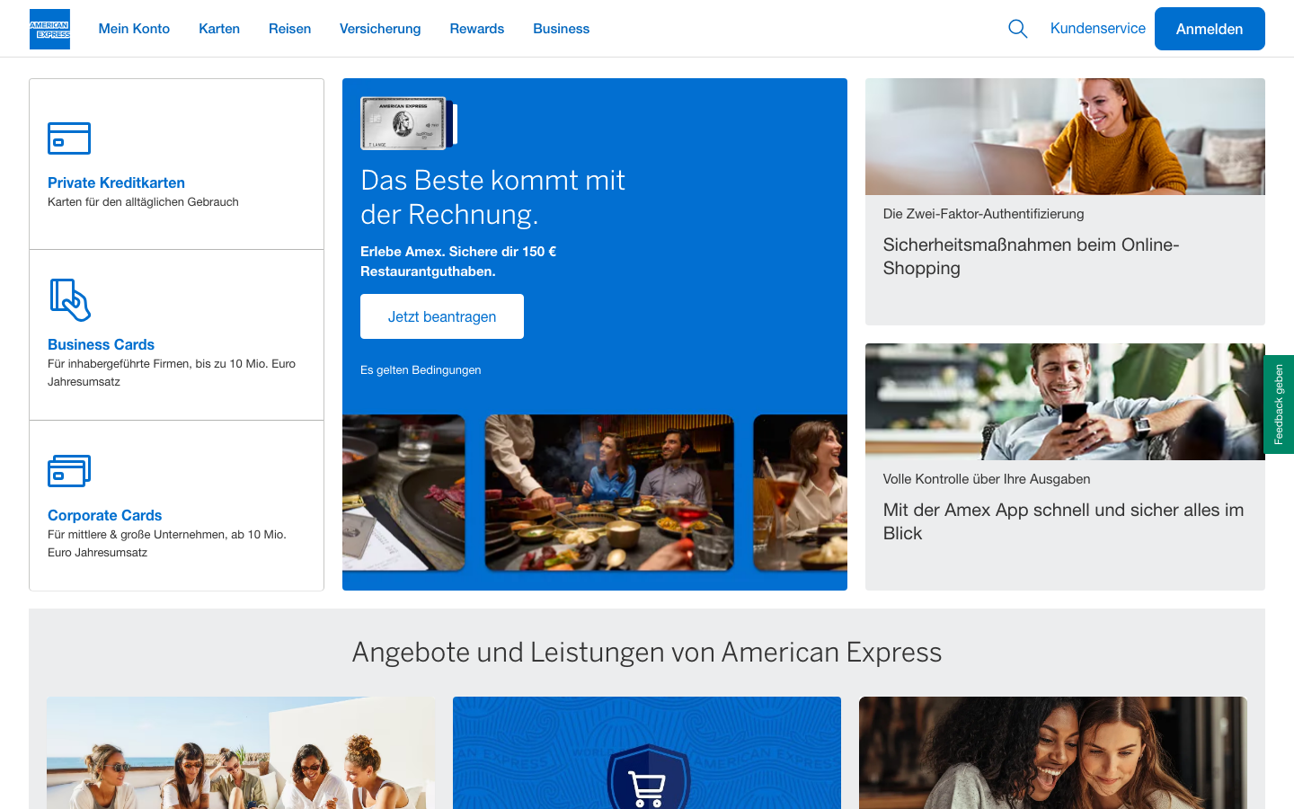 Startseite von American Express Deutschland mit Kreditkartenangeboten