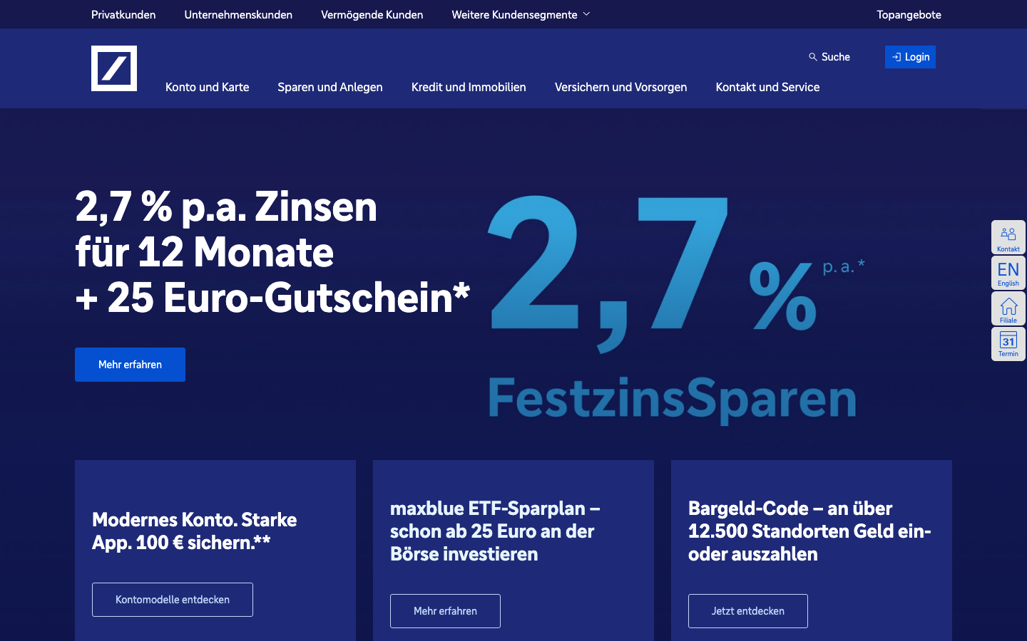 Startseite der Deutschen Bank mit Konto- und Kartenangeboten