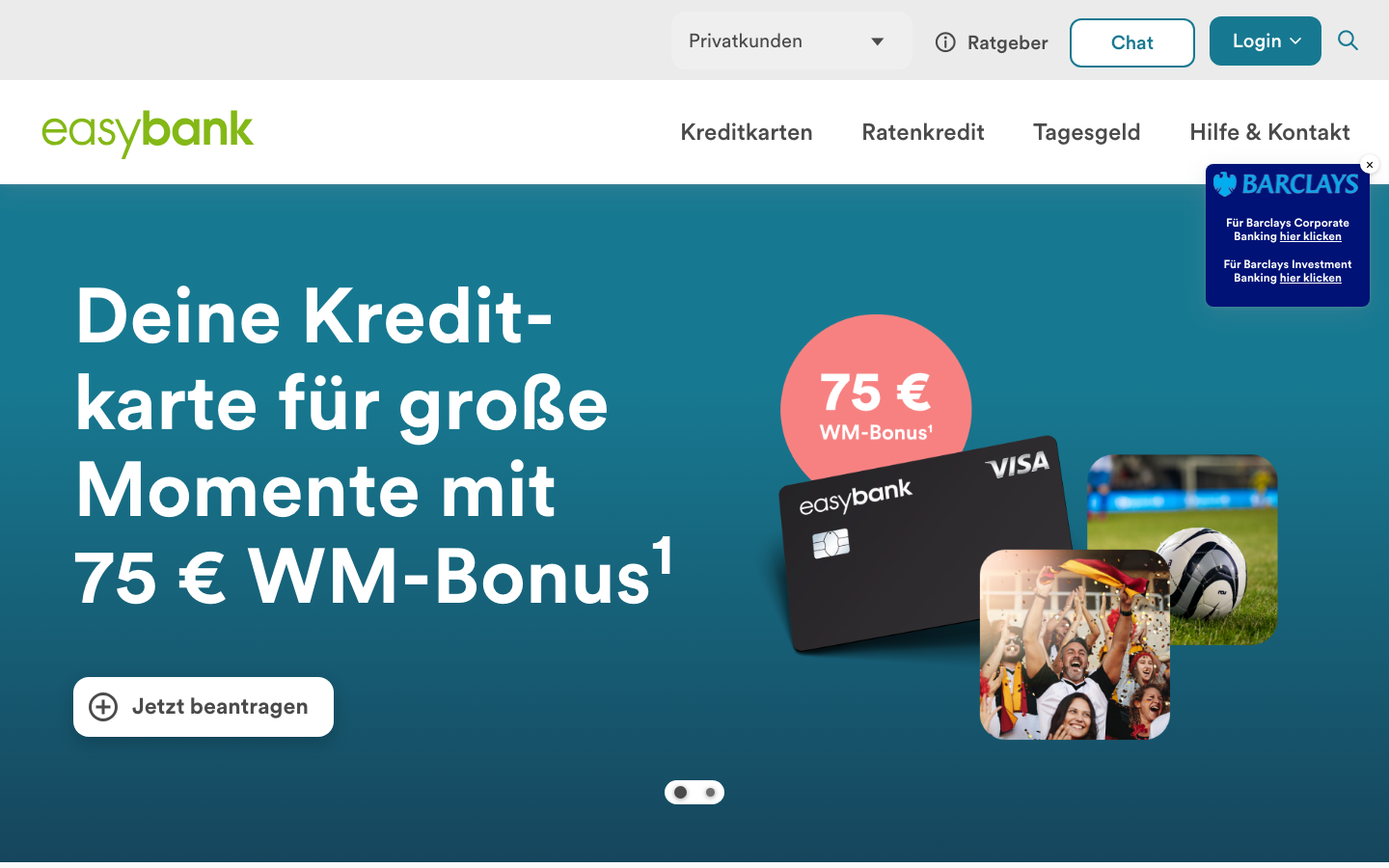 Startseite von easybank mit der Kreditkarte Platinum