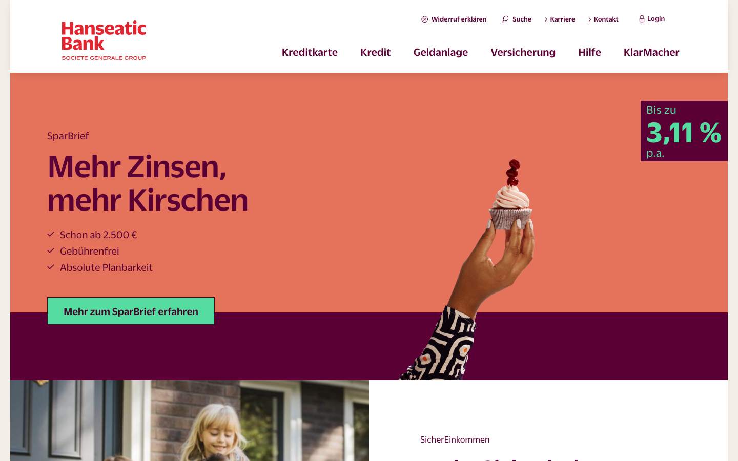 Startseite der Hanseatic Bank mit Kreditkarten- und Kreditangeboten