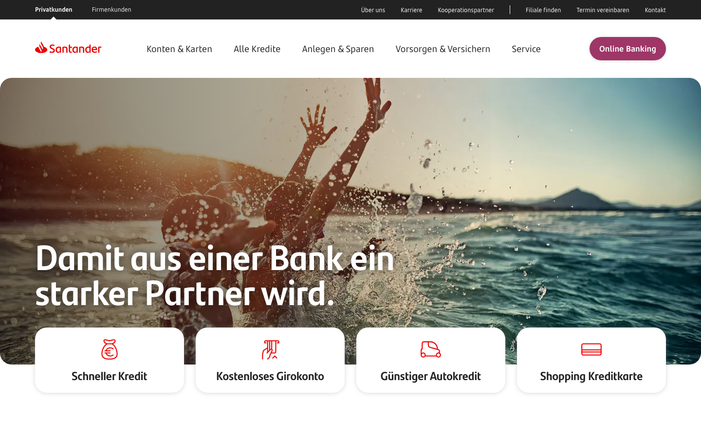 Startseite von Santander Deutschland mit Konto- und Kreditkartenangeboten