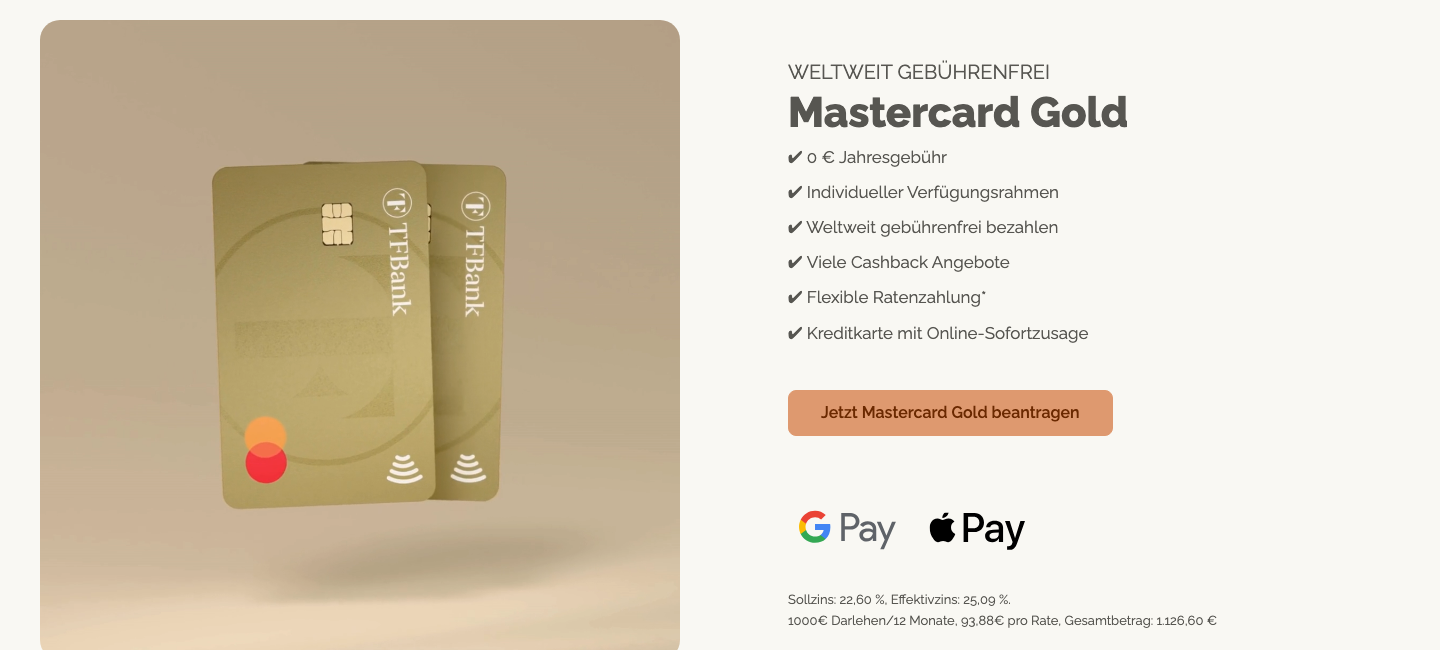 Offizielle TF Bank Mastercard Gold Produktseite mit Konditionen, Sollzins und Effektivzins