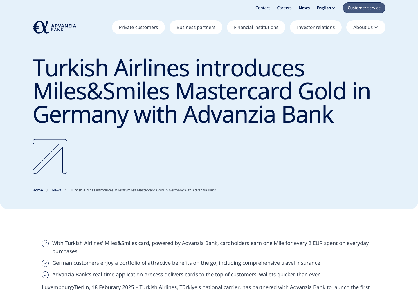 Offizielle Pressemitteilung von Advanzia Bank zum Deutschland-Start der Turkish Airlines Miles&Smiles Mastercard Gold